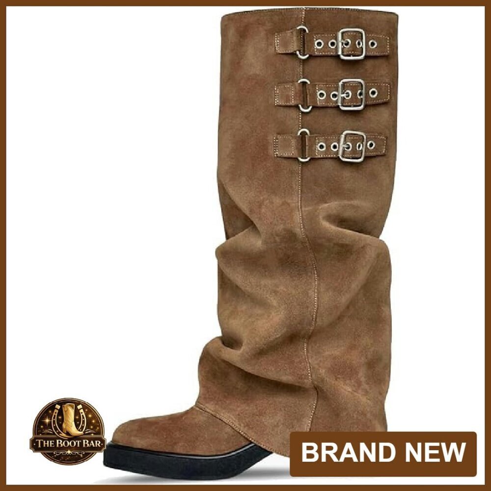 Slouchy Knee High Boots Chunky Low Heel Platform Pull On Riding Biker